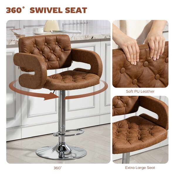 HOMCOM PU Leather Upholstered Swivel Bar Stool, Height Adjustable with Back, Armrest, Footrest, Brown
