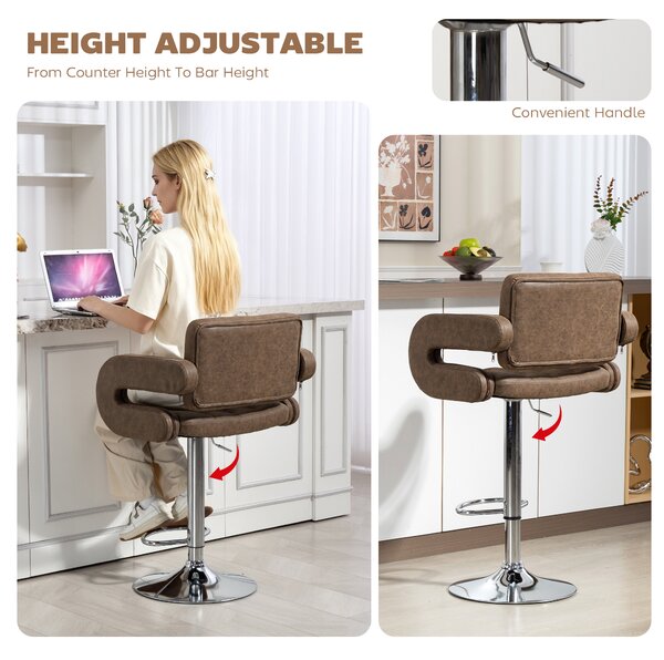 HOMCOM PU Leather Upholstered Swivel Bar Stool, Height Adjustable with Back, Armrest, Footrest, Coffee