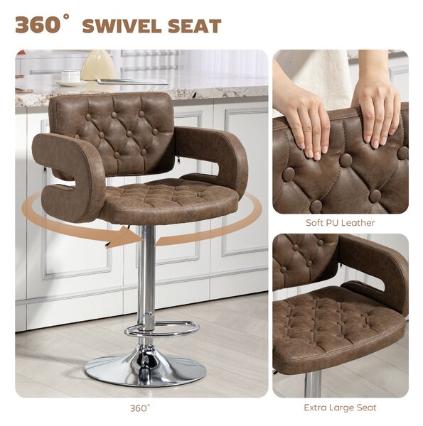 HOMCOM PU Leather Upholstered Swivel Bar Stool, Height Adjustable with Back, Armrest, Footrest, Coffee