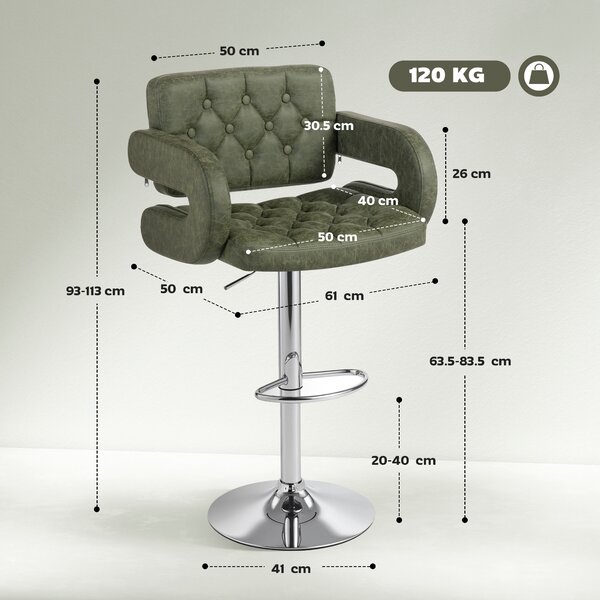 HOMCOM PU Leather Upholstered Swivel Bar Stool, Height Adjustable with Back, Armrest, Footrest, Green