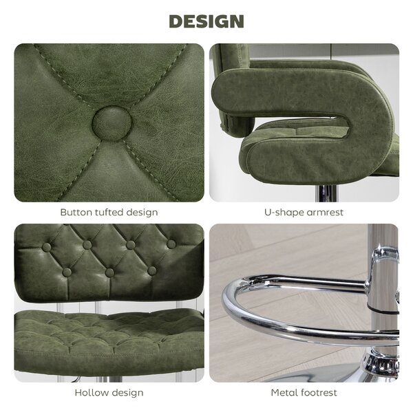 HOMCOM PU Leather Upholstered Swivel Bar Stool, Height Adjustable with Back, Armrest, Footrest, Green