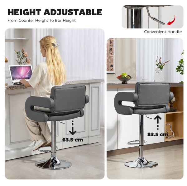 HOMCOM PU Leather Upholstered Swivel Bar Stool, Height Adjustable with Back, Armrest, Footrest, Grey