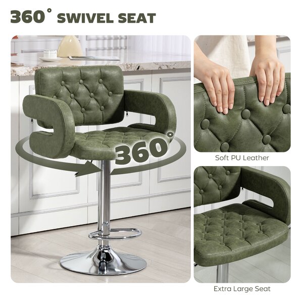 HOMCOM PU Leather Upholstered Swivel Bar Stool, Height Adjustable with Back, Armrest, Footrest, Green