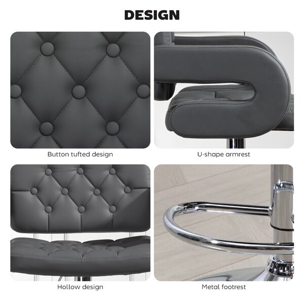HOMCOM PU Leather Upholstered Swivel Bar Stool, Height Adjustable with Back, Armrest, Footrest, Grey