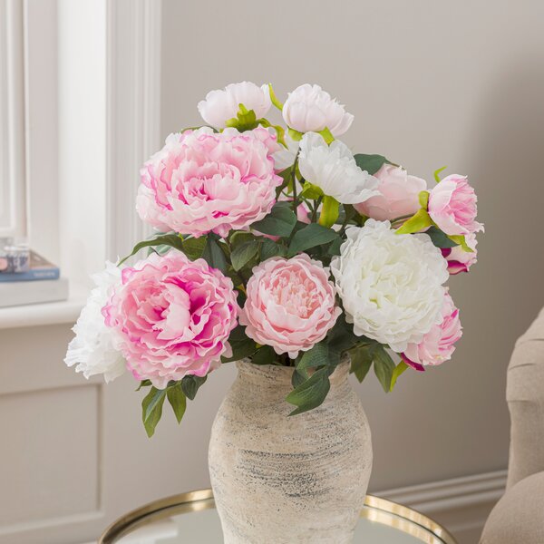 Artificial Pink & White Peony Bouquet in Washed Grey Resin Vase