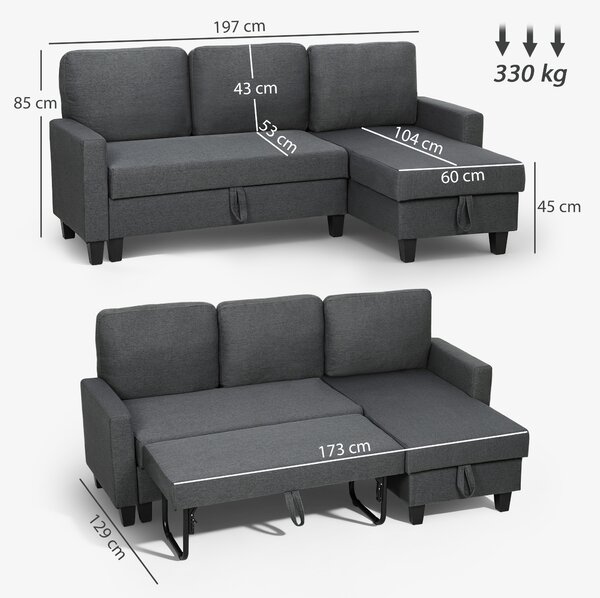 HOMCOM Three-Seater Storage Sofa Bed w/ Scratch Resistant Fabric, Charcoal Grey Aosom UK