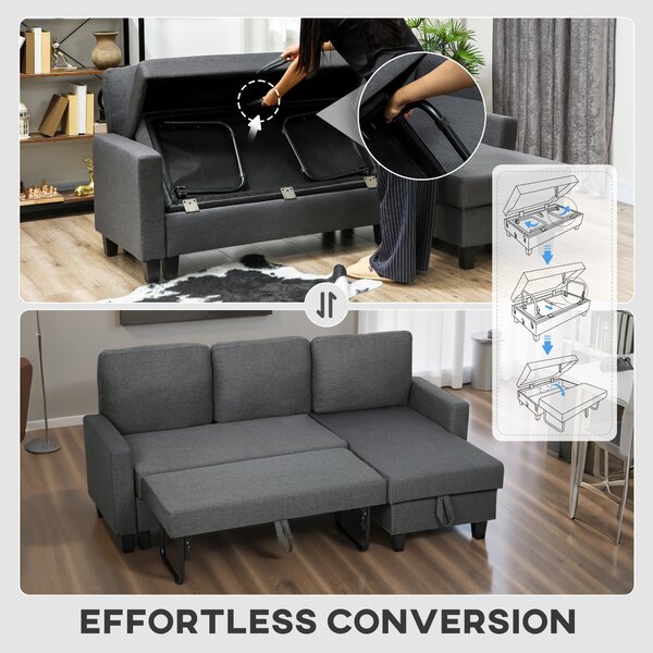 HOMCOM Three-Seater Storage Sofa Bed w/ Scratch Resistant Fabric, Charcoal Grey Aosom UK