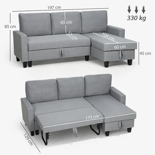 HOMCOM Three-Seater Storage Sofa Bed w/ Scratch Resistant Fabric, Grey Aosom UK