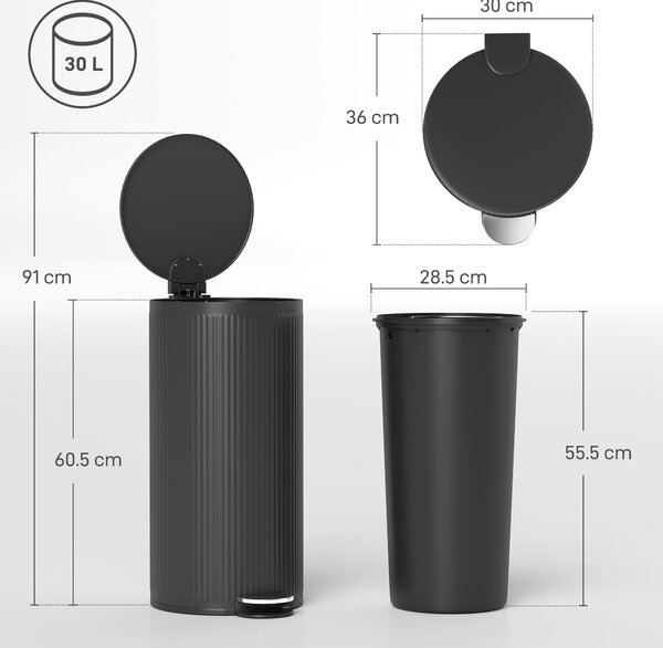 HOMCOM 30L Pedal Kitchen Bin with Soft Close & Stay Open Lid, Removable Inner Bucket for Kitchen, Office, or Home, Black Aosom UK