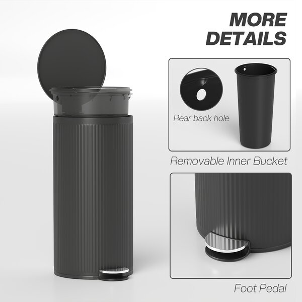 HOMCOM 30L Pedal Kitchen Bin with Soft Close & Stay Open Lid, Removable Inner Bucket for Kitchen, Office, or Home, Black Aosom UK