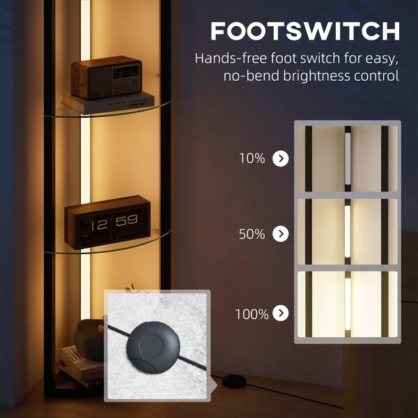 HOMCOM LED Floor Lamp with Shelves, Dimmable Standing Lamp with Foot Switch for Living Room, Bedroom, Black