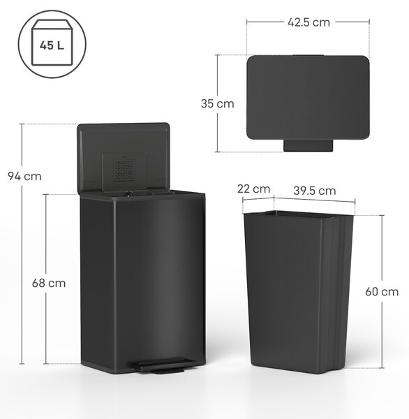 HOMCOM 45L Kitchen Bin, Pedal Bin with Soft-Close and Stay-Open Lid, Removable Inner Bucket, Odor Control for Kitchen, Office