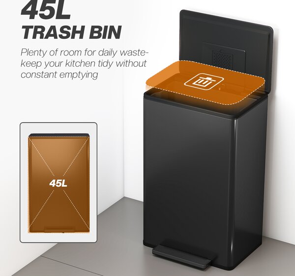 HOMCOM 45L Kitchen Bin, Pedal Bin with Soft-Close and Stay-Open Lid, Removable Inner Bucket, Odor Control for Kitchen, Office