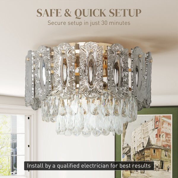 HOMCOM Chandelier Ceiling Light, 3-Light Vintage Flush Mount Fixture with Dual Crystal and Smoke Glass Shade, LED Ceiling Light for Living Room Bedroom, 3 E27 Sockets, Bulbs Not Included, Gold Tone