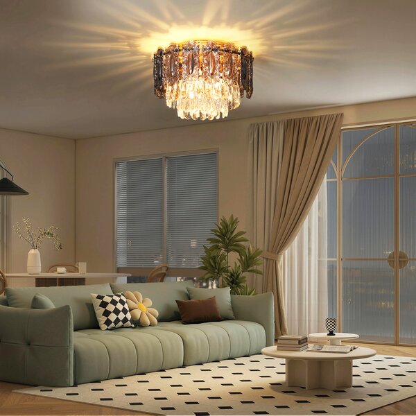 HOMCOM Chandelier Ceiling Light, 3-Light Vintage Flush Mount Fixture with Dual Crystal and Smoke Glass Shade, LED Ceiling Light for Living Room Bedroom, 3 E27 Sockets, Bulbs Not Included, Gold Tone
