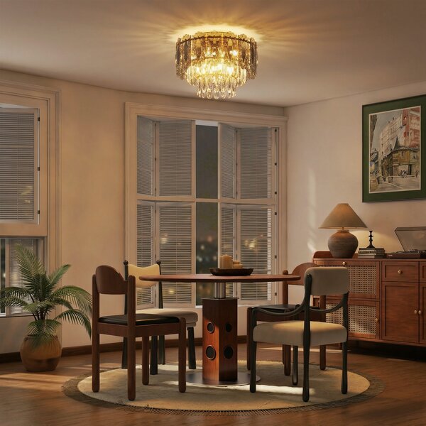 HOMCOM Chandelier Ceiling Light, 3-Light Vintage Flush Mount Fixture with Dual Crystal and Smoke Glass Shade, LED Ceiling Light for Living Room Bedroom, 3 E27 Sockets, Bulbs Not Included, Gold Tone