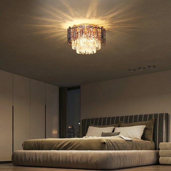 HOMCOM Chandelier Ceiling Light, 3-Light Vintage Flush Mount Fixture with Dual Crystal and Smoke Glass Shade, LED Ceiling Light for Living Room Bedroom, 3 E27 Sockets, Bulbs Not Included, Gold Tone