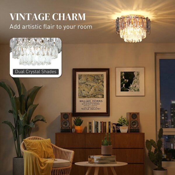 HOMCOM Chandelier Ceiling Light, 3-Light Vintage Flush Mount Fixture with Dual Crystal and Smoke Glass Shade, LED Ceiling Light for Living Room Bedroom, 3 E27 Sockets, Bulbs Not Included, Gold Tone