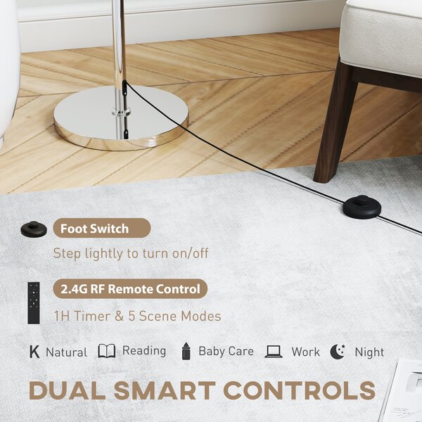 HOMCOM Floor Lamp with Remote, Height Adjustable Standing Lamp with Linen Shade, Dimmable with 3000K-6000K Adjustable Colour Temperatures, Foot Switch for Living Room Bedroom Office, Silver Tone