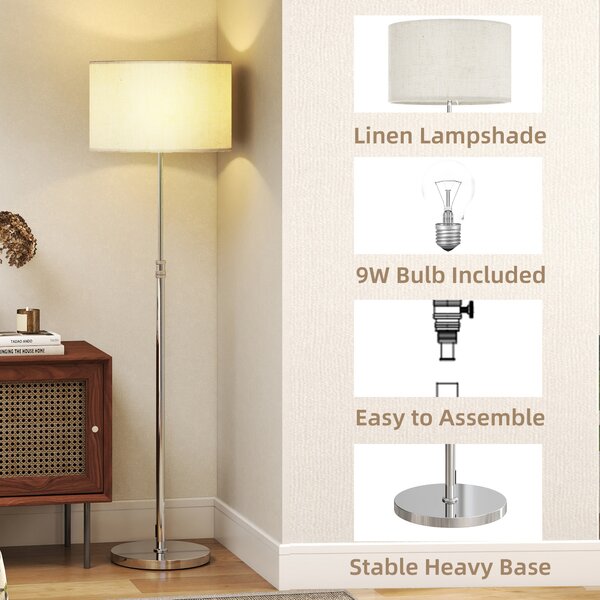 HOMCOM Floor Lamp with Remote, Height Adjustable Standing Lamp with Linen Shade, Dimmable with 3000K-6000K Adjustable Colour Temperatures, Foot Switch for Living Room Bedroom Office, Silver Tone