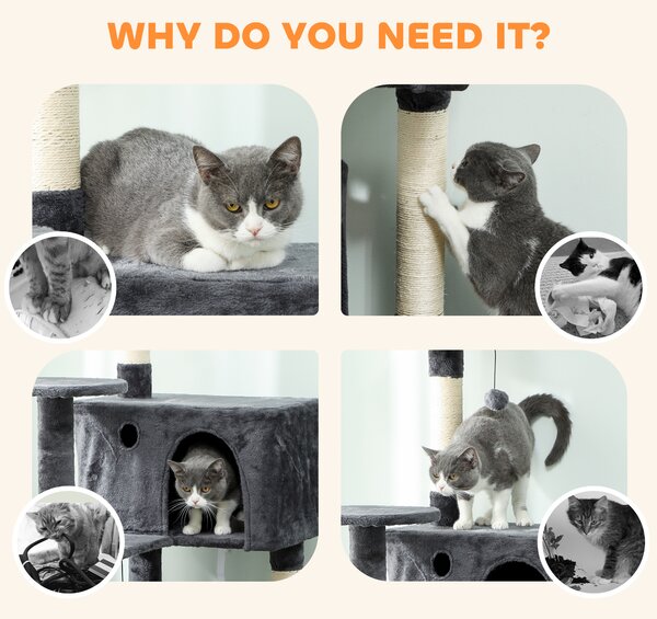 PawHut 180cm Large Cat Tree Tower with Sisal Scratching Posts, Condos, Plush Perches, Hammock, Ladder, Dark Grey