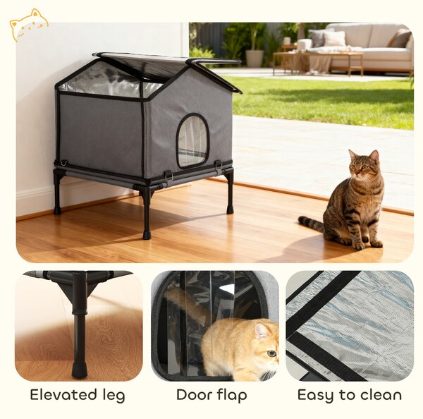 PawHut Outdoor Cat House, Waterproof Insulated Cat Kennel with Elevated Base, Foldable Feral Kitty Shelter for Kittens, Grey