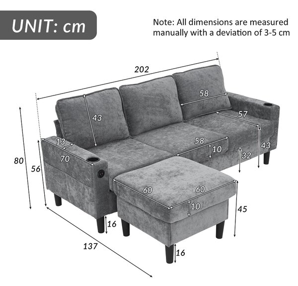 L-Shaped Corner Sofa with USB Charging Ports, Cup Holders, Ergonomic 3-Seater Sectional Couch for Apartment, 202L x 137W x 80H cm, Grey Aosom.UK