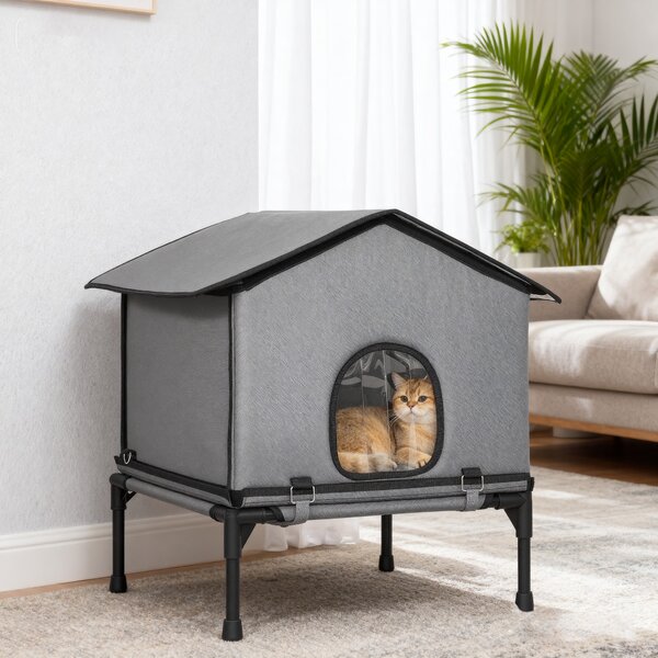 PawHut Outdoor Cat House, Waterproof Insulated Cat Kennel with Elevated Base, Foldable Feral Kitty Shelter for Kittens, Grey