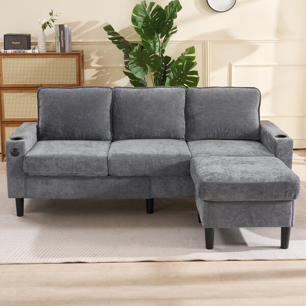 L-Shaped Corner Sofa with USB Charging Ports, Cup Holders, Ergonomic 3-Seater Sectional Couch for Apartment, 202L x 137W x 80H cm, Grey Aosom.UK