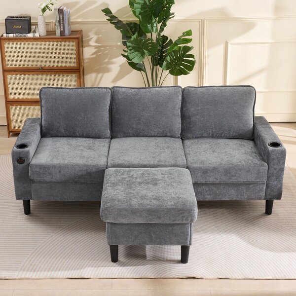L-Shaped Corner Sofa with USB Charging Ports, Cup Holders, Ergonomic 3-Seater Sectional Couch for Apartment, 202L x 137W x 80H cm, Grey Aosom.UK