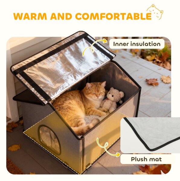 PawHut Outdoor Cat House, Waterproof Insulated Cat Kennel with Elevated Base, Foldable Feral Kitty Shelter for Kittens, Grey