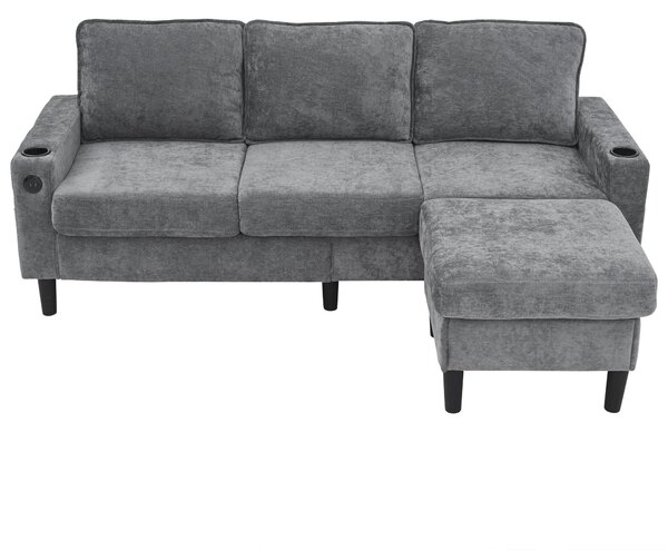 L-Shaped Corner Sofa with USB Charging Ports, Cup Holders, Ergonomic 3-Seater Sectional Couch for Apartment, 202L x 137W x 80H cm, Grey Aosom.UK