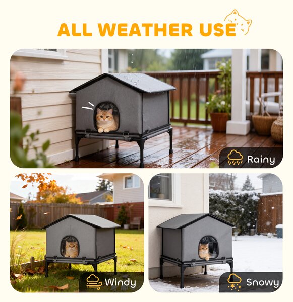 PawHut Outdoor Cat House, Waterproof Insulated Cat Kennel with Elevated Base, Foldable Feral Kitty Shelter for Kittens, Grey