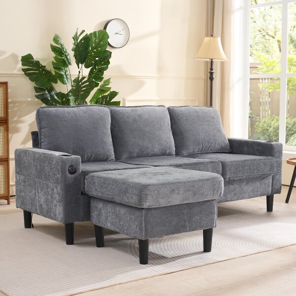 L-Shaped Corner Sofa with USB Charging Ports, Cup Holders, Ergonomic 3-Seater Sectional Couch for Apartment, 202L x 137W x 80H cm, Grey Aosom.UK