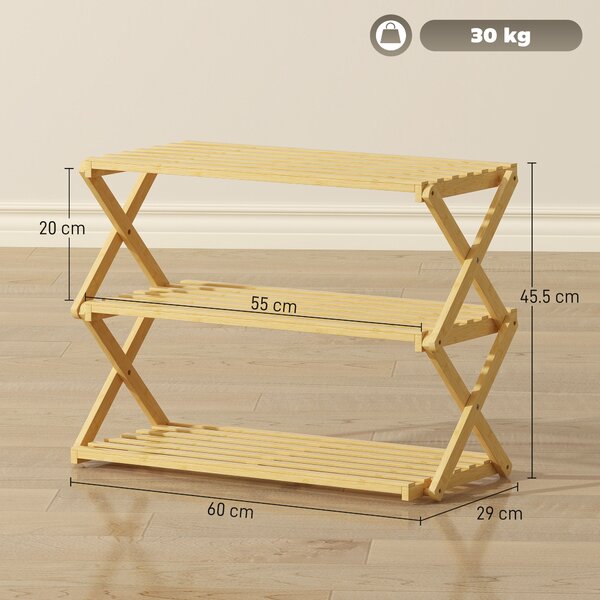 HOMCOM 3-Tier Bamboo Shoe Rack, No Assembly - Natural