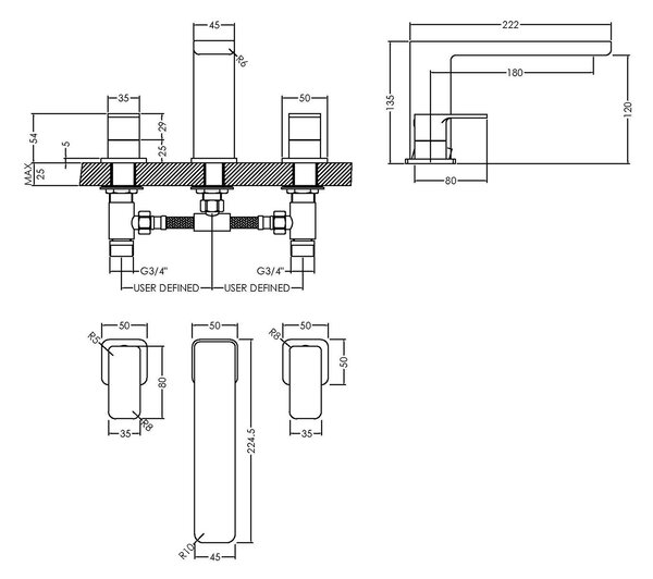 Windon Deck Mounted 3 Tap Hole Bath Filler Tap