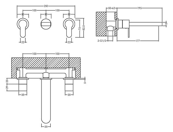 Arvan Wall Mounted 3 Tap Hole Basin Mixer Tap