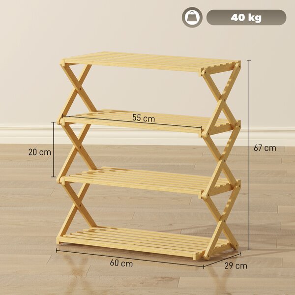 HOMCOM 4-Tier Bamboo Shoe Rack, No Assembly - Natural