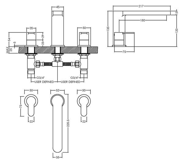 Arvan Deck Mounted 3 Tap Hole Bath Filler Tap