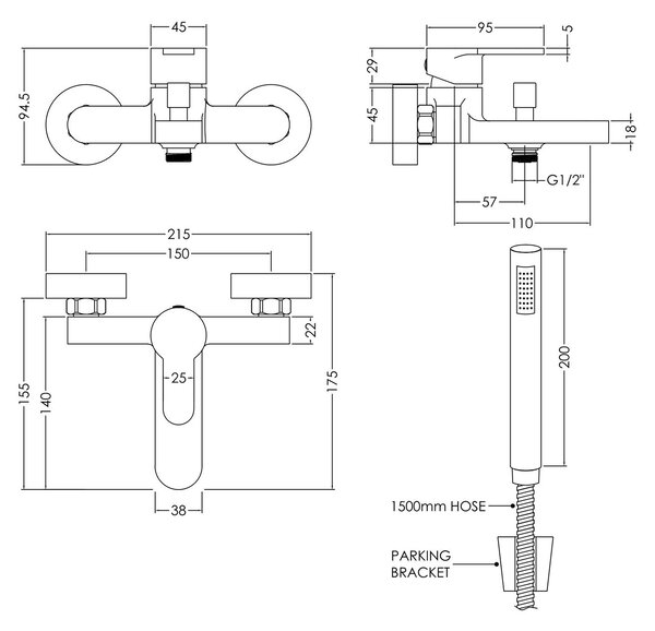 Arvan Wall Mounted Bath Shower Mixer Tap with Kit