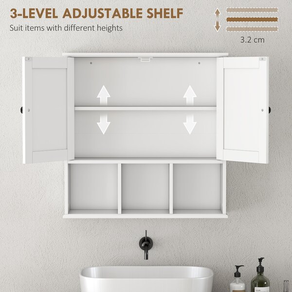 HOMCOM Farmhouse Bathroom Wall Cabinet, Wall Mounted Medicine Cabinet with Adjustable Shelf, Open Compartments, White