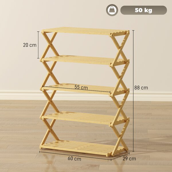 HOMCOM 5-Tier Bamboo Shoe Rack, No Assembly - Natural