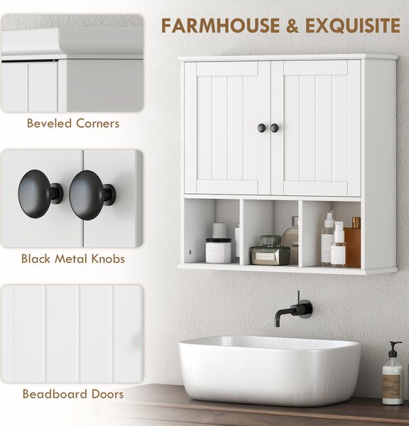 HOMCOM Farmhouse Bathroom Wall Cabinet, Wall Mounted Medicine Cabinet with Adjustable Shelf, Open Compartments, White