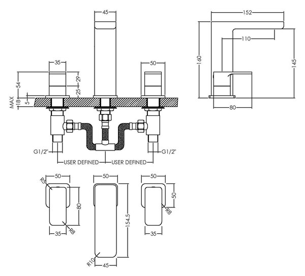 Windon Deck Mounted 3 Tap Hole Basin Mixer Tap with Pop Up Waste