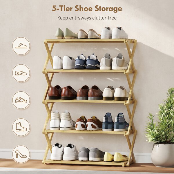 HOMCOM 5-Tier Bamboo Shoe Rack, No Assembly - Natural