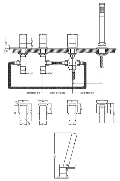 Windon Deck Mounted 4 Tap Hole Bath Shower Mixer Tap No Spout