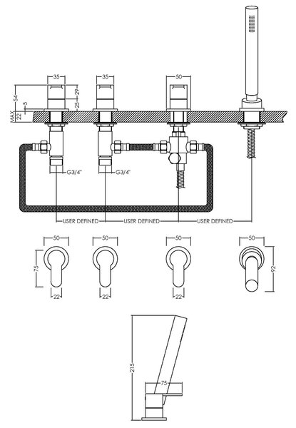 Arvan Deck Mounted 4 Tap Hole Bath Shower Mixer Tap No Spout