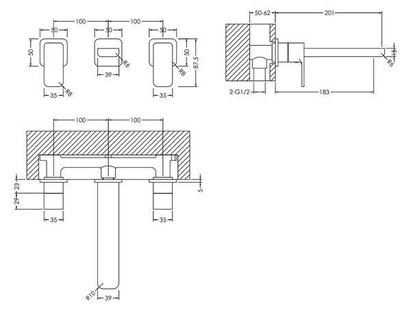 Windon Wall Mounted 3 Tap Hole Basin Mixer Tap