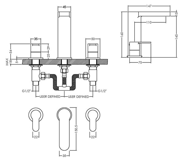 Arvan Deck Mounted 3 Tap Hole Basin Mixer Tap with Pop Up Waste