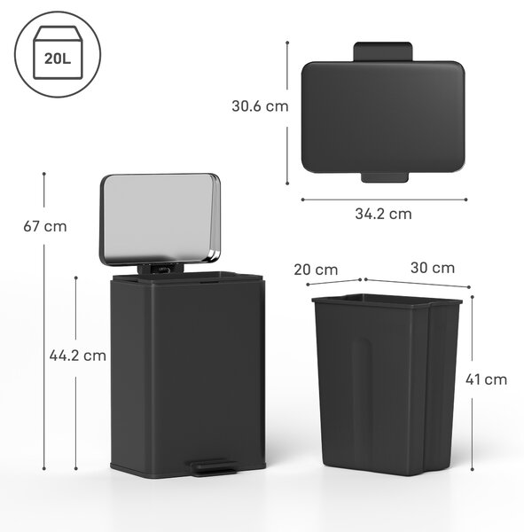 HOMCOM 20L Kitchen Bin with Soft-Close Lid, Stay-Open Function, Stainless Steel Pedal Bin with Removable Inner Bucket, Matte Black Aosom UK